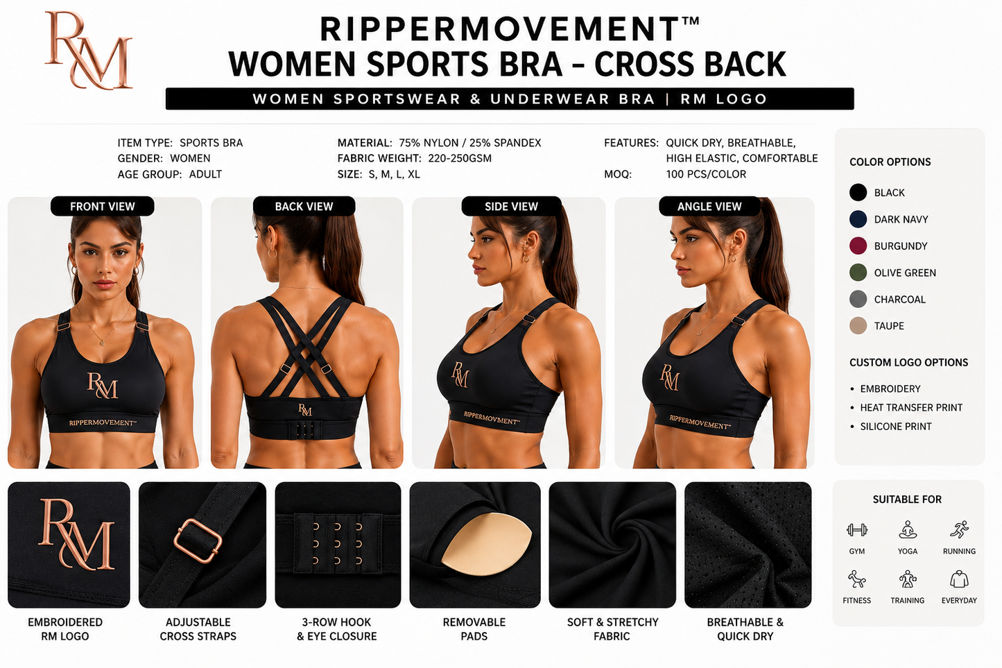 RIPPERMOVEMENT™ Sculpt Cross-Back Sports Bra