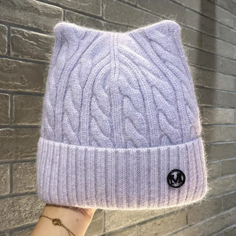 Rabbit Fur Beanies Winter Hat for Woman Cute Ear Letter Knit Hat Bonnet Lady Autumn Winter Warm Skullies