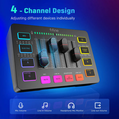 Gaming Audio Mixer,Streaming 4-Channel RGB Mixer with XLR Microphone Interface,for Game Voice,Podcast,AmpliGame SC3